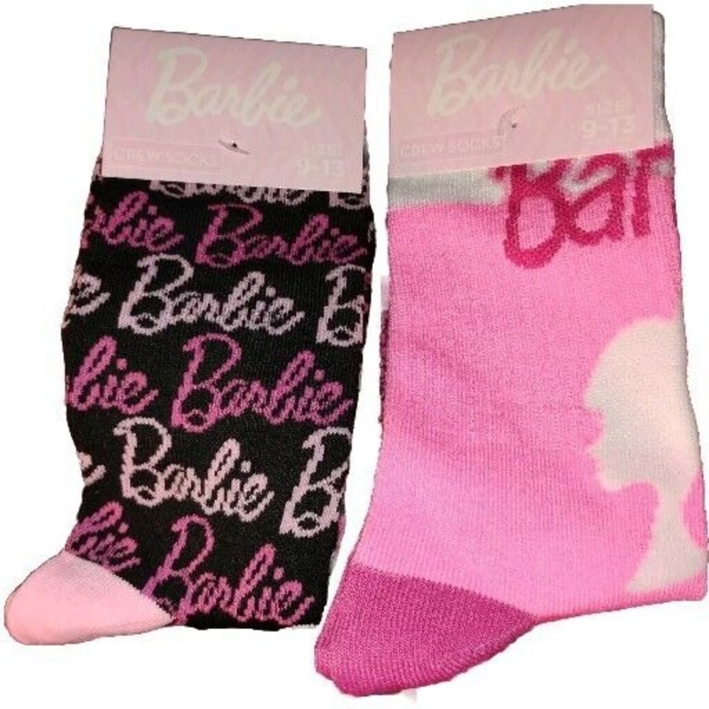 Barbie Womens Socks 2 Pk Size 9-13‎ Stocking Pinks Logo Black Crew Mattel